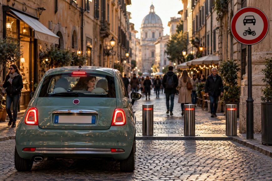 A light green Fiat 500 stopped by retractable bollards in a crowded cobblestone pedestrian street of a historic European city
