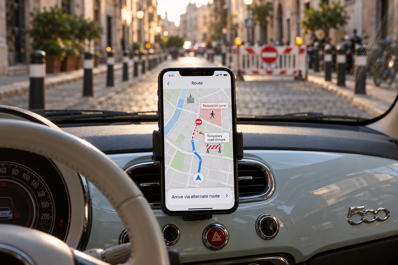 A smartphone on a Fiat 500 dashboard shows a GPS navigation route entering a restricted pedestrian zone