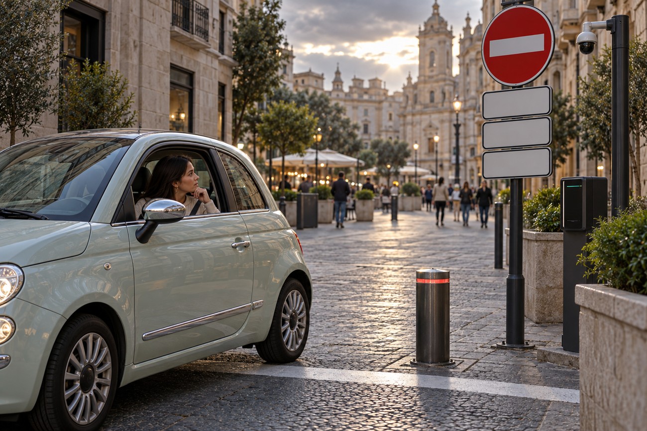 A woman driving a light green Fiat 500 into a cobblestone pedestrian zone past a no entry sign