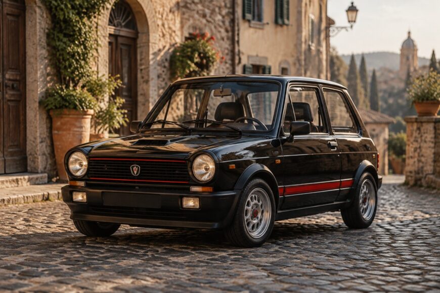 Classic black Autobianchi A112 Abarth hot hatch parked on a historic cobblestone street in an Italian village