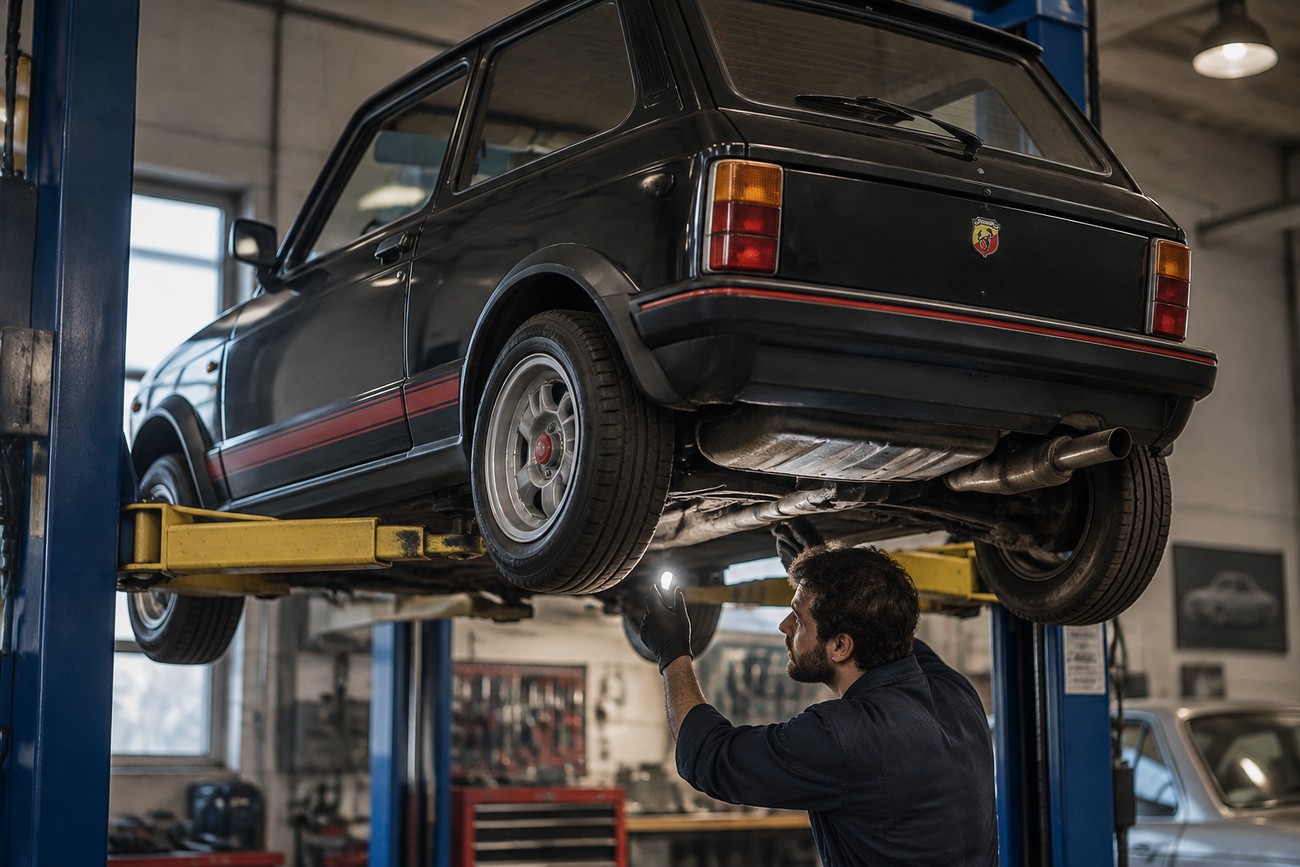 A mechanic with a flashlight inspecting the undercarriage of a classic black Autobianchi A112 Abarth on a hydraulic lift in a repair shop
