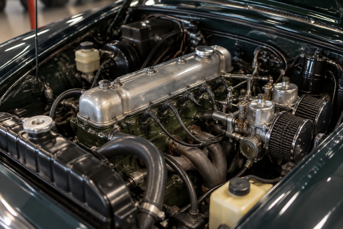 Detailed view of the classic car engine bay featuring a polished valve cover and dual carburettors
