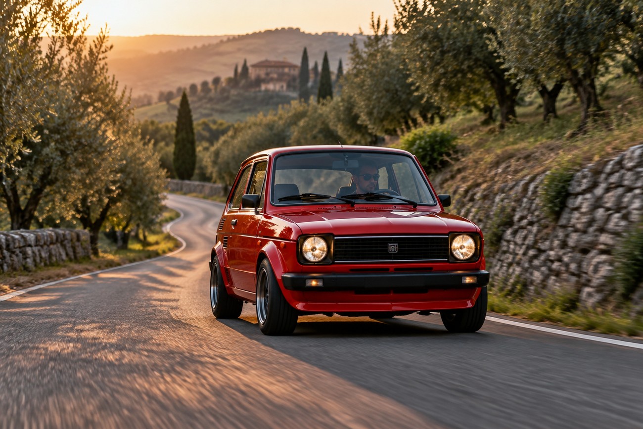 A red vintage Autobianchi A112 Abarth driving on a winding country road lined with trees at sunset