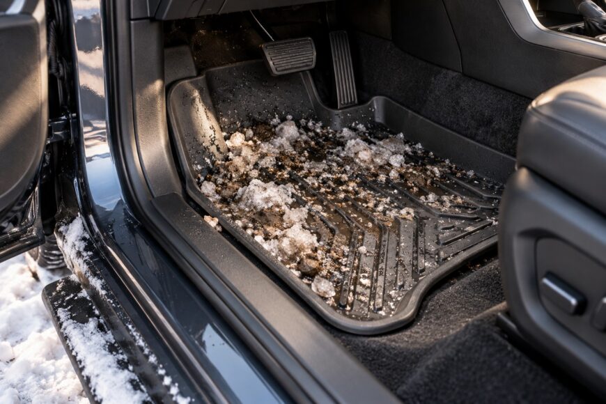 Heavy-duty black all-weather floor liner covered with melted snow, slush, and dirt inside a vehicle footwell