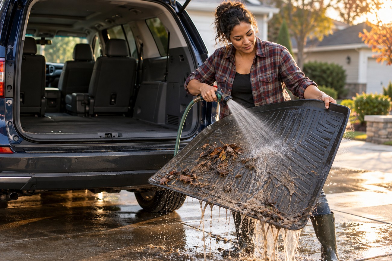 Woman washing mud and leaves off an all-weather floor liner with a garden hose near an SUV
