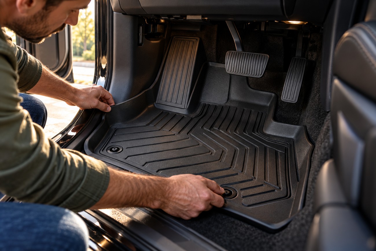 A man carefully installing a durable black all-weather floor liner on the driver side of a car interior