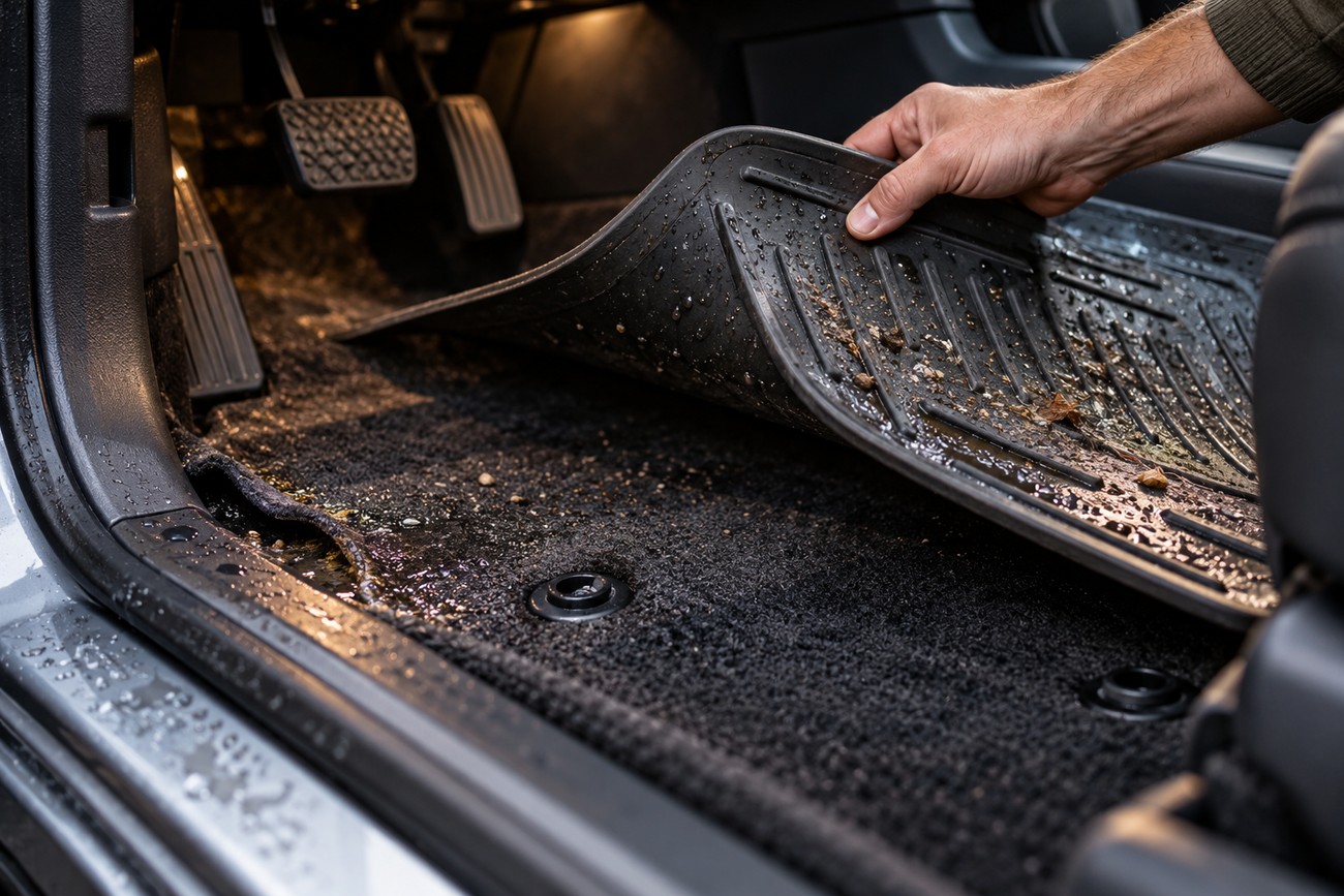A man's hand lifting a dirty all-weather floor liner covered in water and debris inside a car
