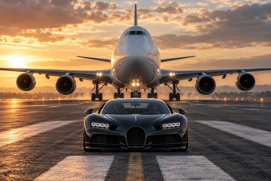 A black Bugatti Chiron hypercar stands on a runway with a Boeing 747 airplane behind it at sunset