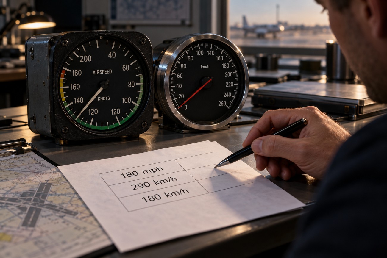 A man at a desk writing on a data sheet with speed metrics next to aircraft instruments and an airfield view
