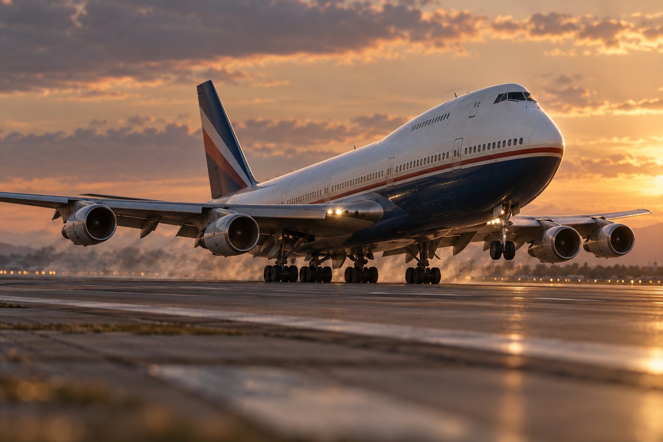 A large Boeing 747 airplane accelerating on the airport runway during takeoff at sunset