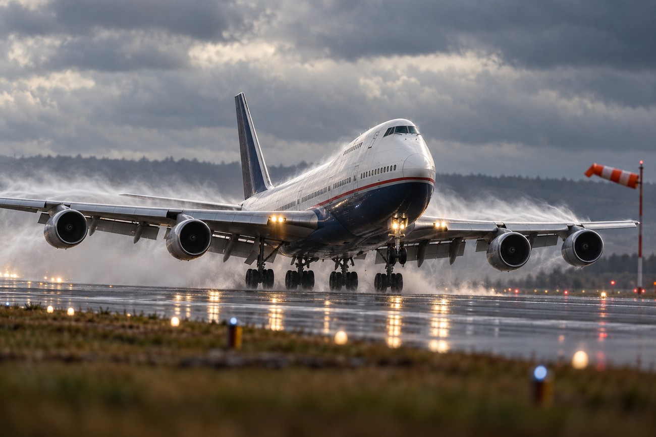 A large Boeing 747 commercial airplane accelerating down a wet runway with spray kicking up from its landing gear