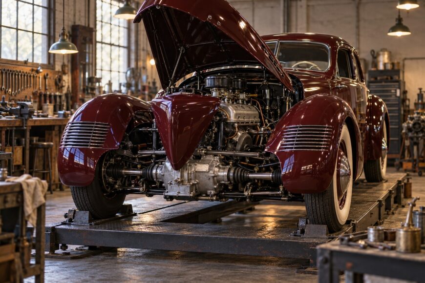 Classic burgundy Cord 810 with open coffin-nose hood raised on a shop lift showcasing its engine and front-wheel drive layout