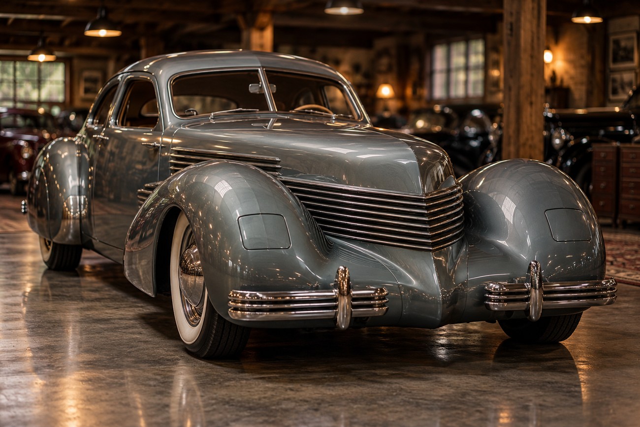A vintage silver Cord 810 classic car with Art Deco design parked inside a rustic wooden garage