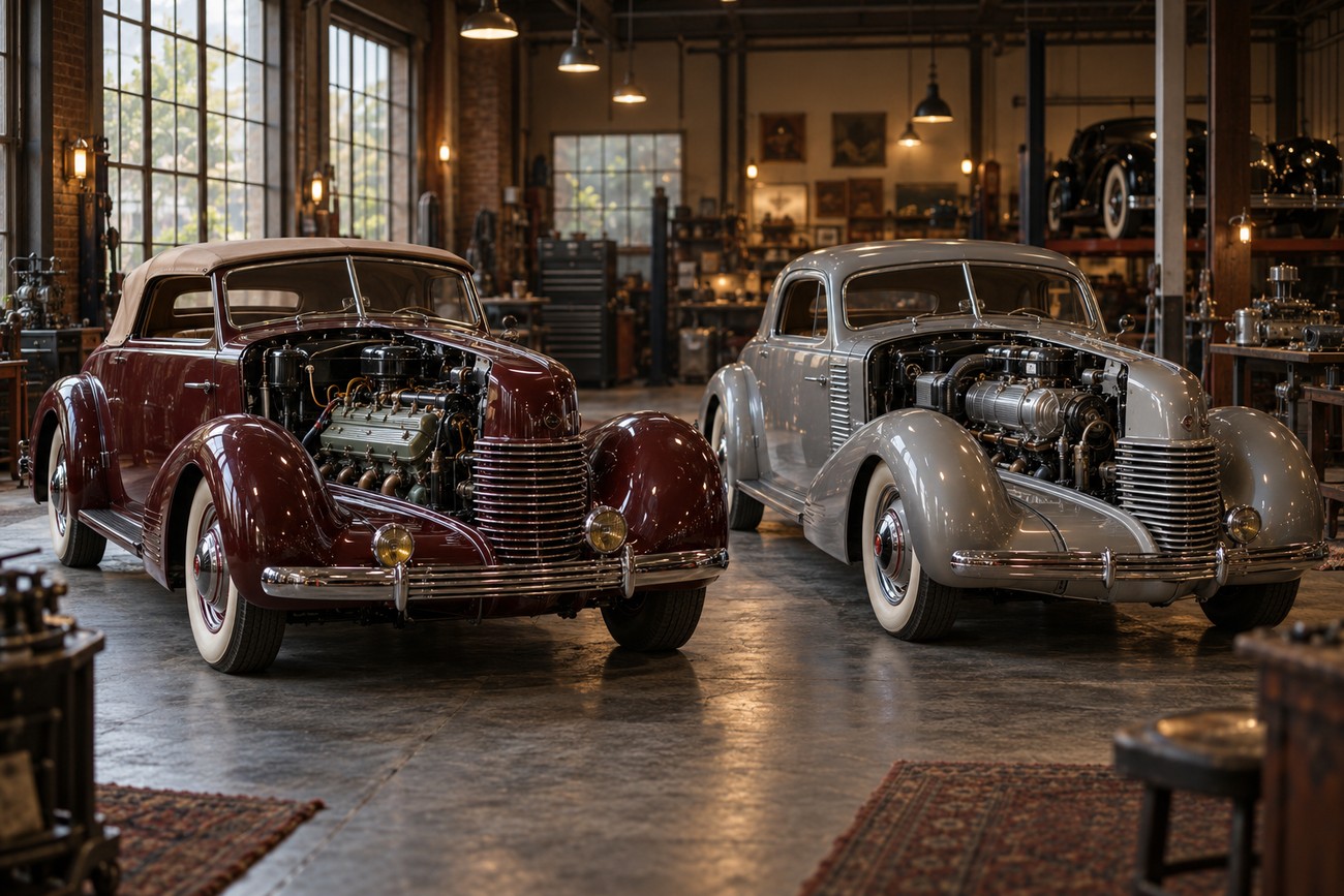 Two vintage Cord 810 classic cars with coffin-nose styling and open hoods parked inside a vintage garage