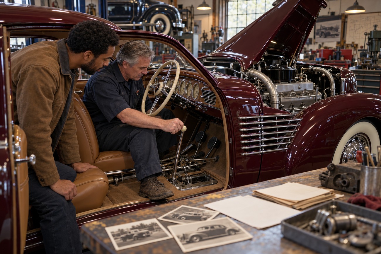 Two mechanics examining the interior and shifter of a classic maroon Cord 810 Coffin-Nose car in a workshop