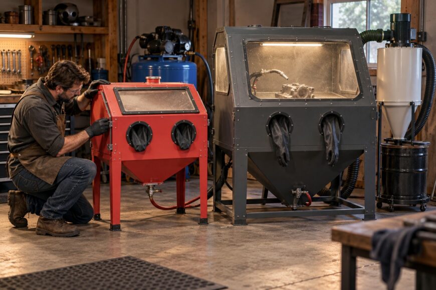 A man kneeling and working on a red media blast cabinet beside a large gray abrasive blasting unit in a workshop