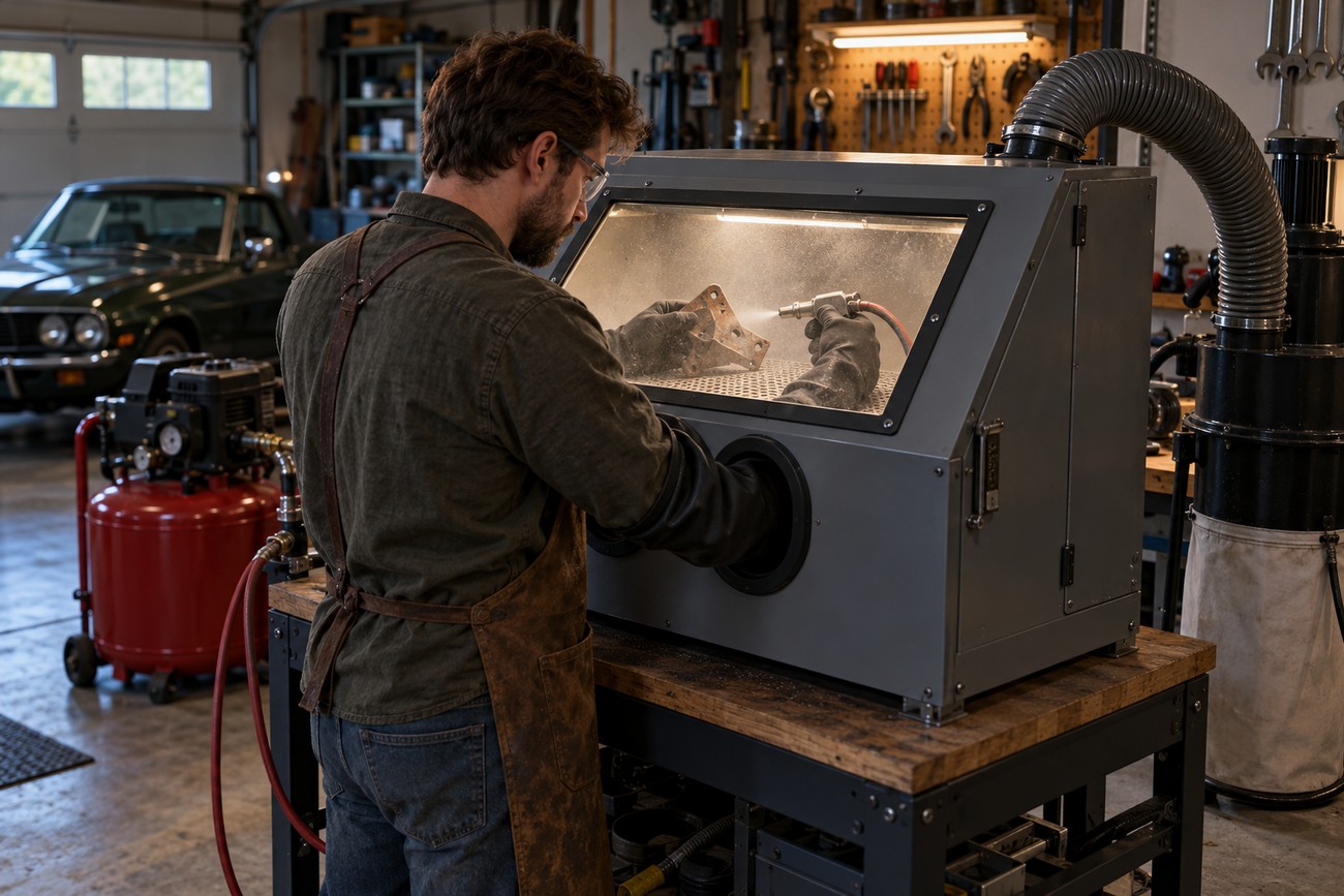 A man in safety glasses and a leather apron operates a media blast cabinet in a garage workshop