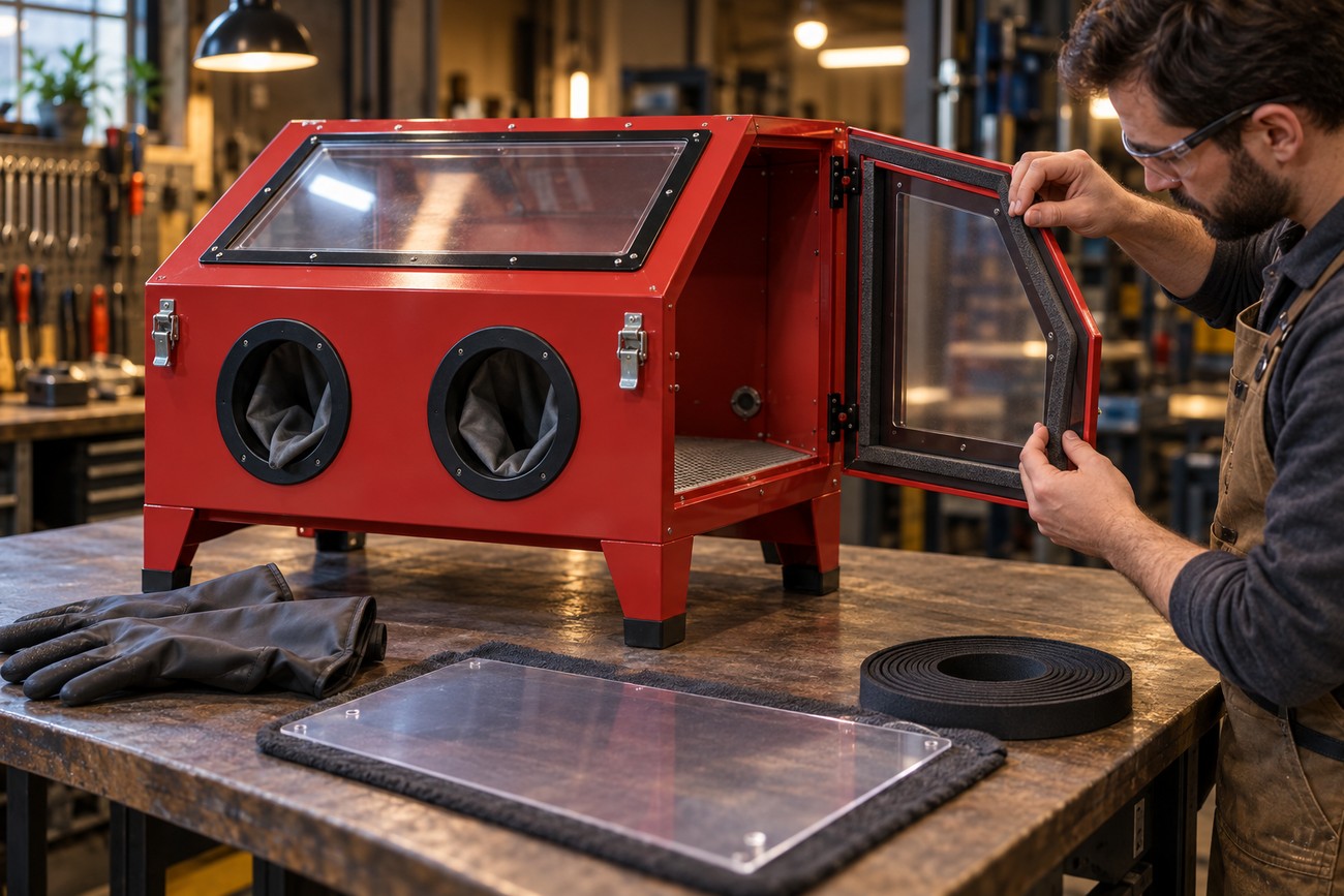 A man in safety glasses assembling a red abrasive blast cabinet on a wooden workbench in a workshop