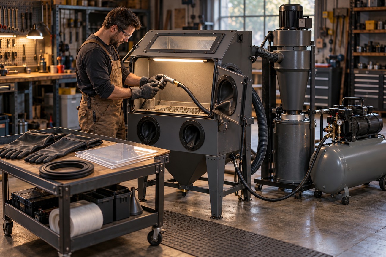 A mechanic using a professional abrasive media blast cabinet with dust collector system in a garage workshop