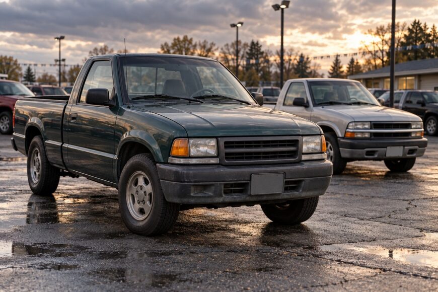 Dark green Isuzu Hombre compact pickup truck parked on a wet asphalt lot at sunset