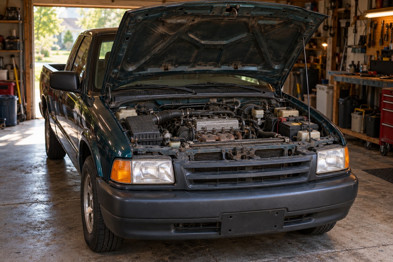 Dark green Isuzu Hombre pickup truck with its hood open parked inside a cluttered garage