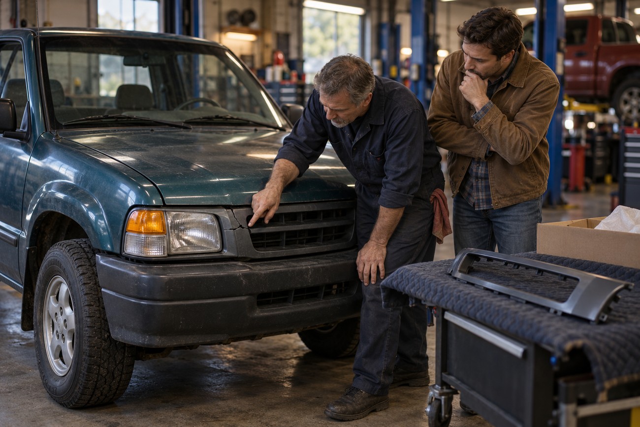 A mechanic inspecting damage on the front grille of a green Isuzu Hombre pickup truck inside a repair shop