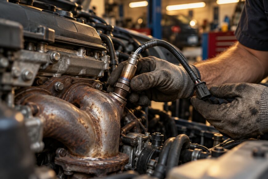 Mechanic in work gloves holding and installing an oxygen sensor into a rusty vehicle exhaust manifold