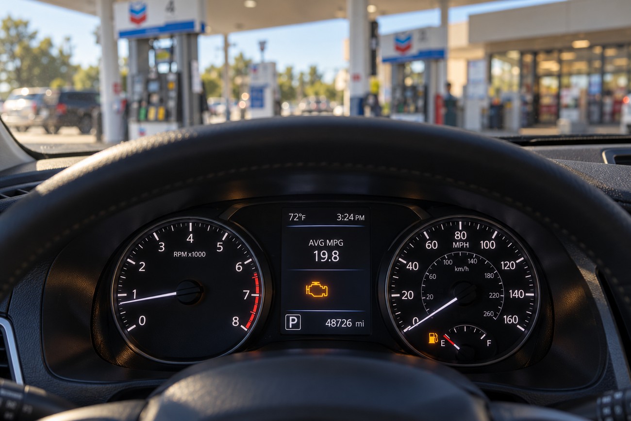 Car dashboard showing an illuminated check engine light and fuel economy data while parked at a gas station