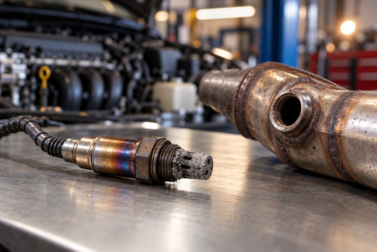 A used and contaminated oxygen sensor lies on a metal workbench next to an exhaust pipe in a repair shop