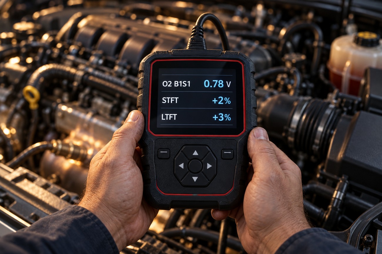 Mechanic holding a diagnostic scanner displaying oxygen sensor voltage and fuel trim data above a car engine