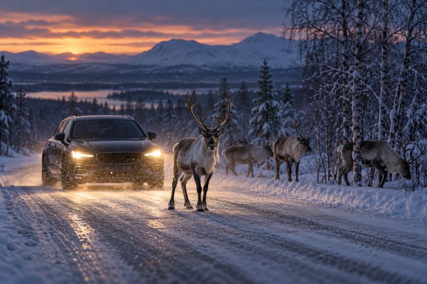 A dark Volvo V90 with headlights on facing a group of reindeer standing on a snowy winter road in Lapland