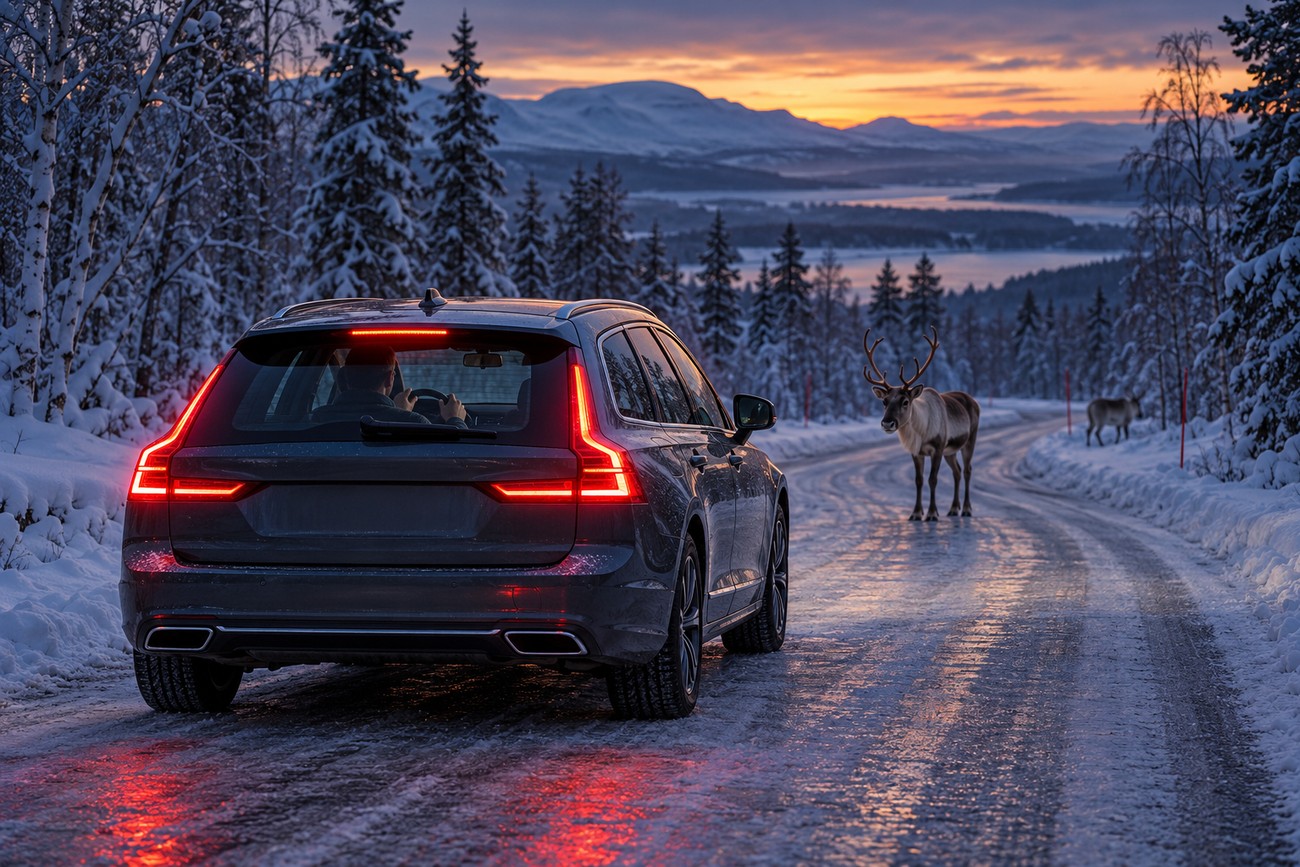A dark Volvo V90 station wagon stopped on an icy snow-covered road in Lapland facing a reindeer standing ahead during a scenic winter sunset