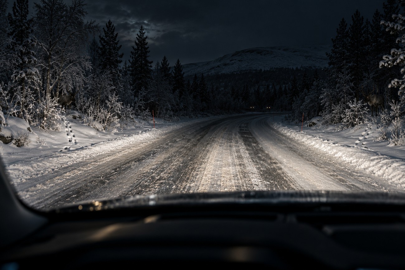 Driver perspective from inside a Volvo V90 facing a snow-covered winter road in Lapland with reindeer standing among snowy trees at night