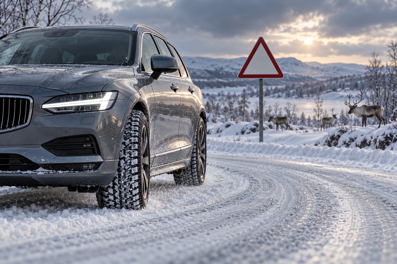 A grey Volvo V90 driving on a snowy winter road in Lapland with reindeer standing near a road sign in the snowy landscape