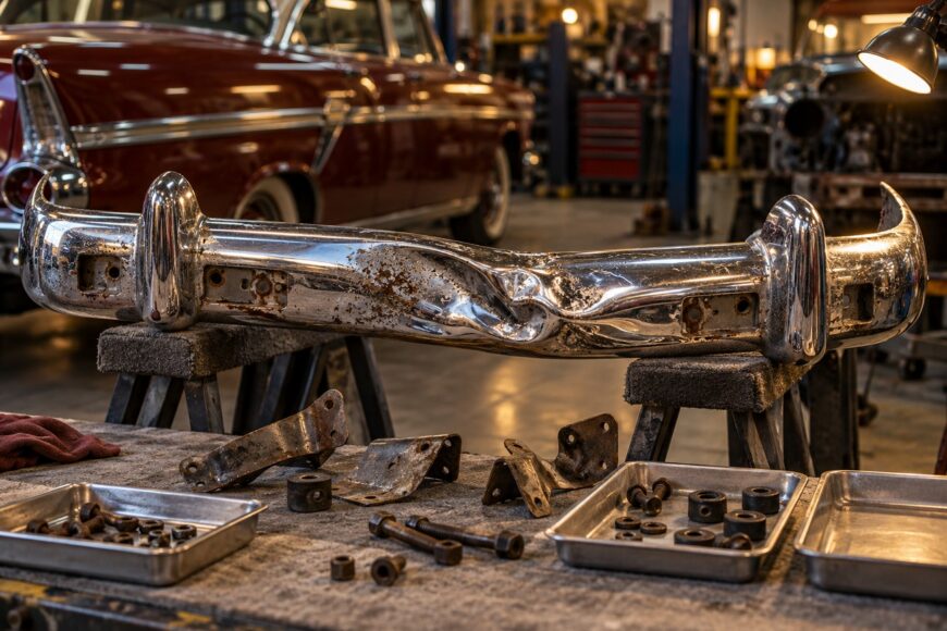 A damaged and rusted chrome bumper from a classic car resting on sawhorses in a restoration garage with rusty mounting brackets and bolts on a workbench in the foreground