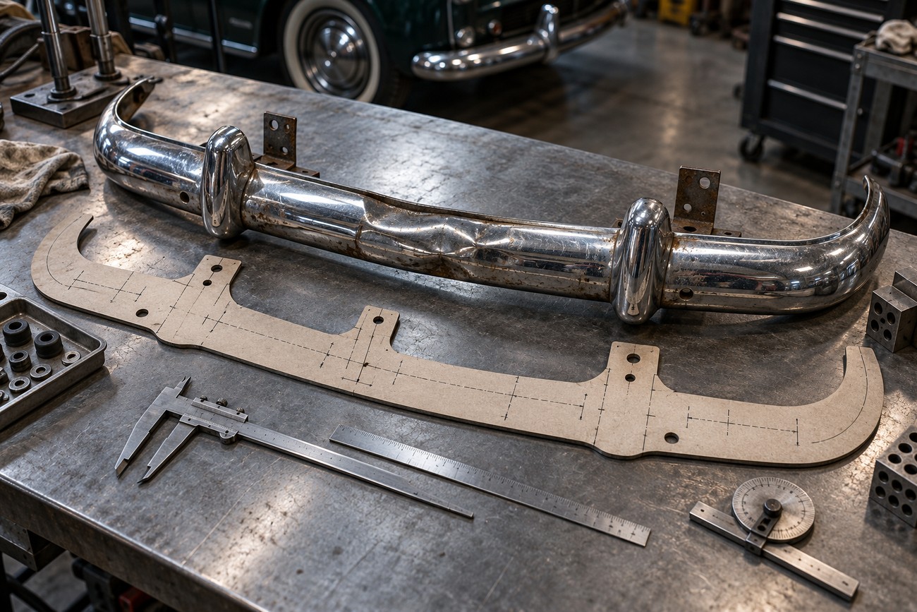 A damaged chrome bumper and a custom alignment template with measuring tools lie on a metal workshop workbench