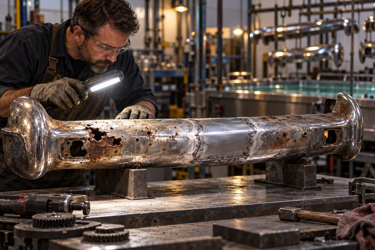 A mechanic wearing safety glasses inspecting a rusted and welded classic car chrome bumper with a work light in a workshop