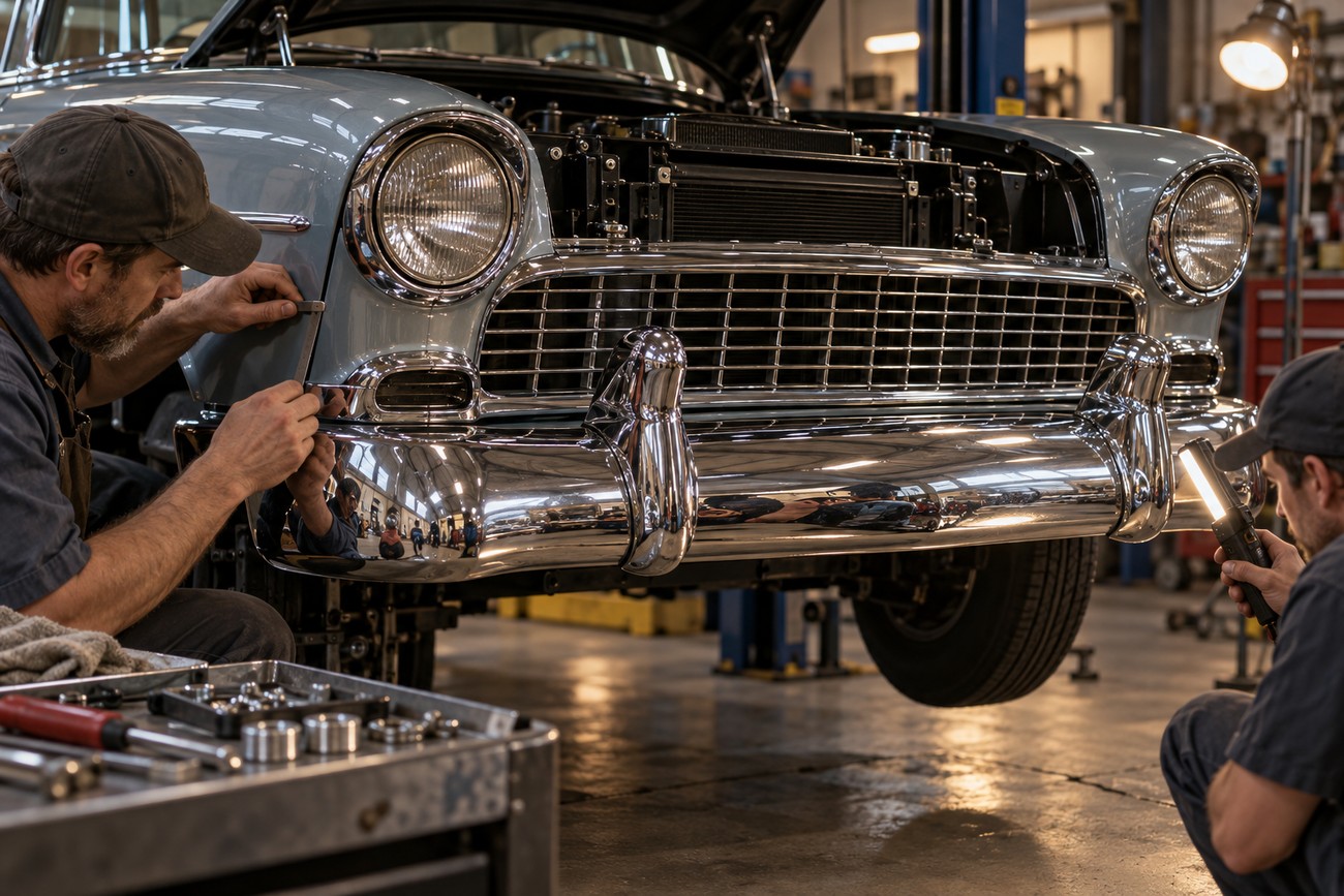 Mechanics inspecting and working on the shiny chrome front bumper of a classic car in a workshop