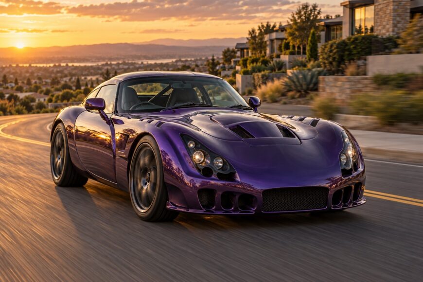 A purple TVR Sagaris sports car driving down a winding suburban road during a golden sunset