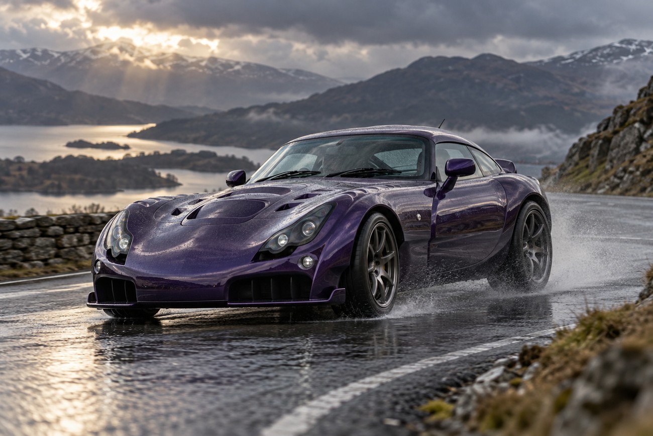 A purple TVR Sagaris sports car driving fast on a wet mountain road with water splashing from the tires under a dramatic cloudy sky