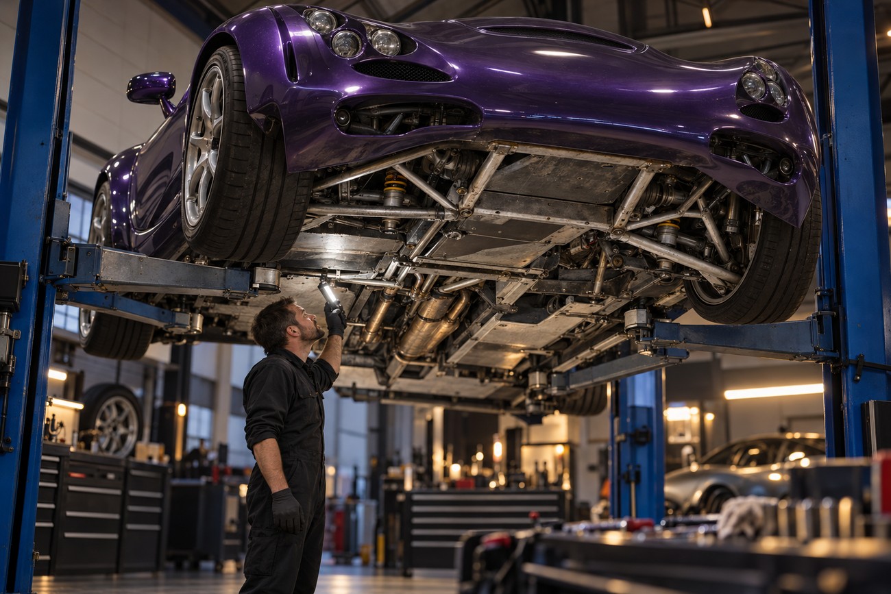 Mechanic inspecting the underbody and chassis of a purple TVR Sagaris lifted on a hydraulic hoist in a garage