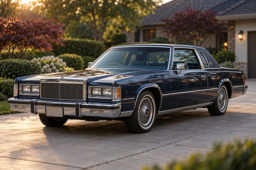 A classic dark blue 1981 Chrysler Imperial Frank Sinatra Edition coupe parked in a residential driveway at sunset