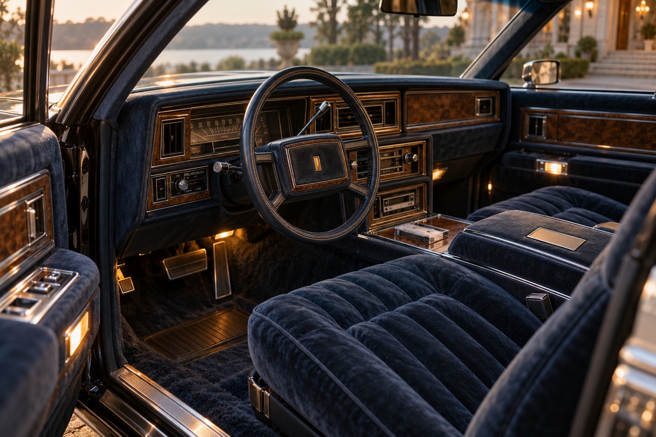 Luxurious blue velour interior and wood-grain dashboard of a classic 1981 Chrysler Imperial Frank Sinatra Edition