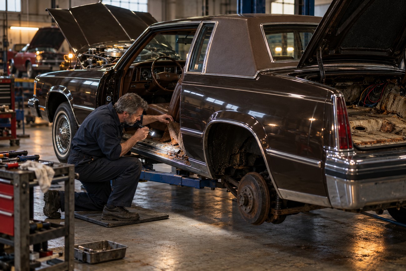 Mechanic kneeling beside a classic brown 1981 Chrysler Imperial Frank Sinatra Edition with an open hood and trunk while inspecting the body with a flashlight inside a repair shop