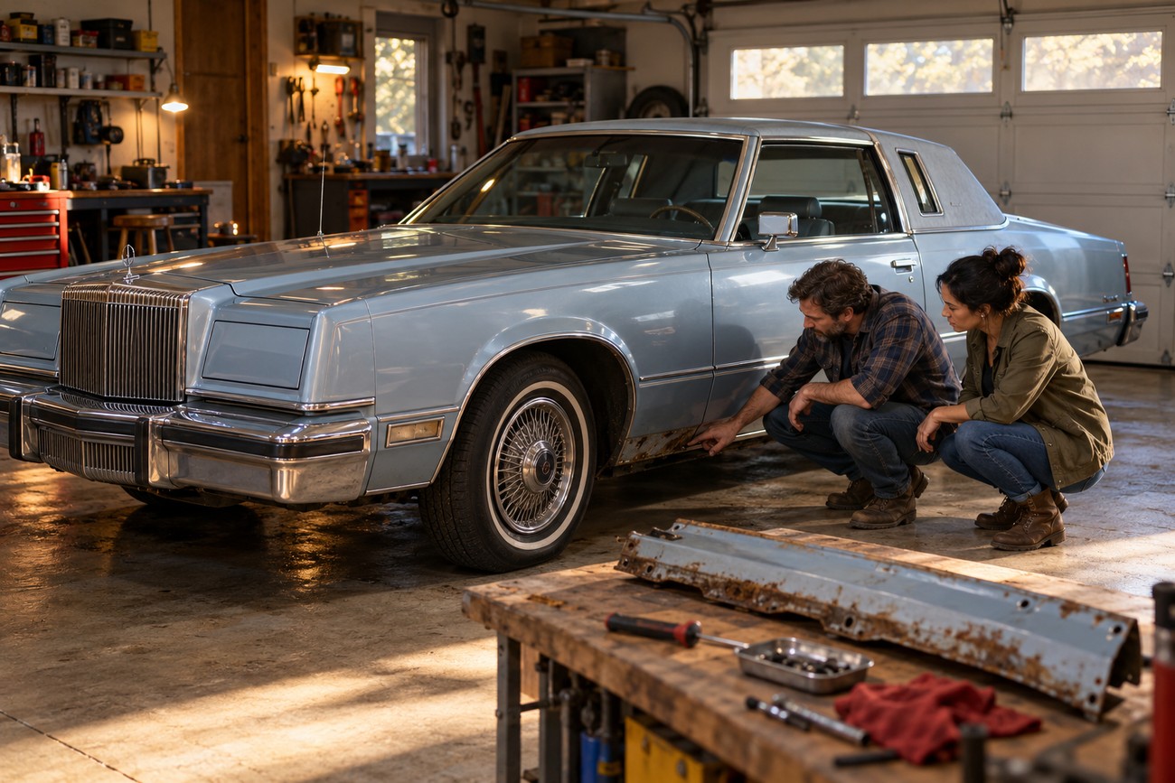 A man and a woman squatting in a garage to inspect the rusted body panel of a classic light blue 1981 Chrysler Imperial Frank Sinatra Edition