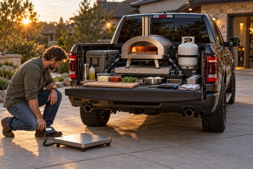 A man kneels beside a Ram 1500 truck with a portable pizza oven installed in the bed during sunset