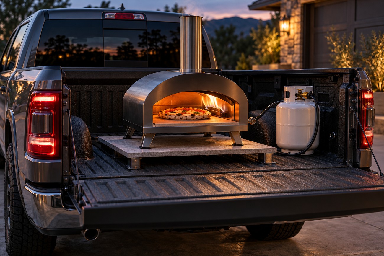 Stainless steel pizza oven with a burning fire and baking pizza installed in the truck bed of a Ram 1500 next to a propane tank