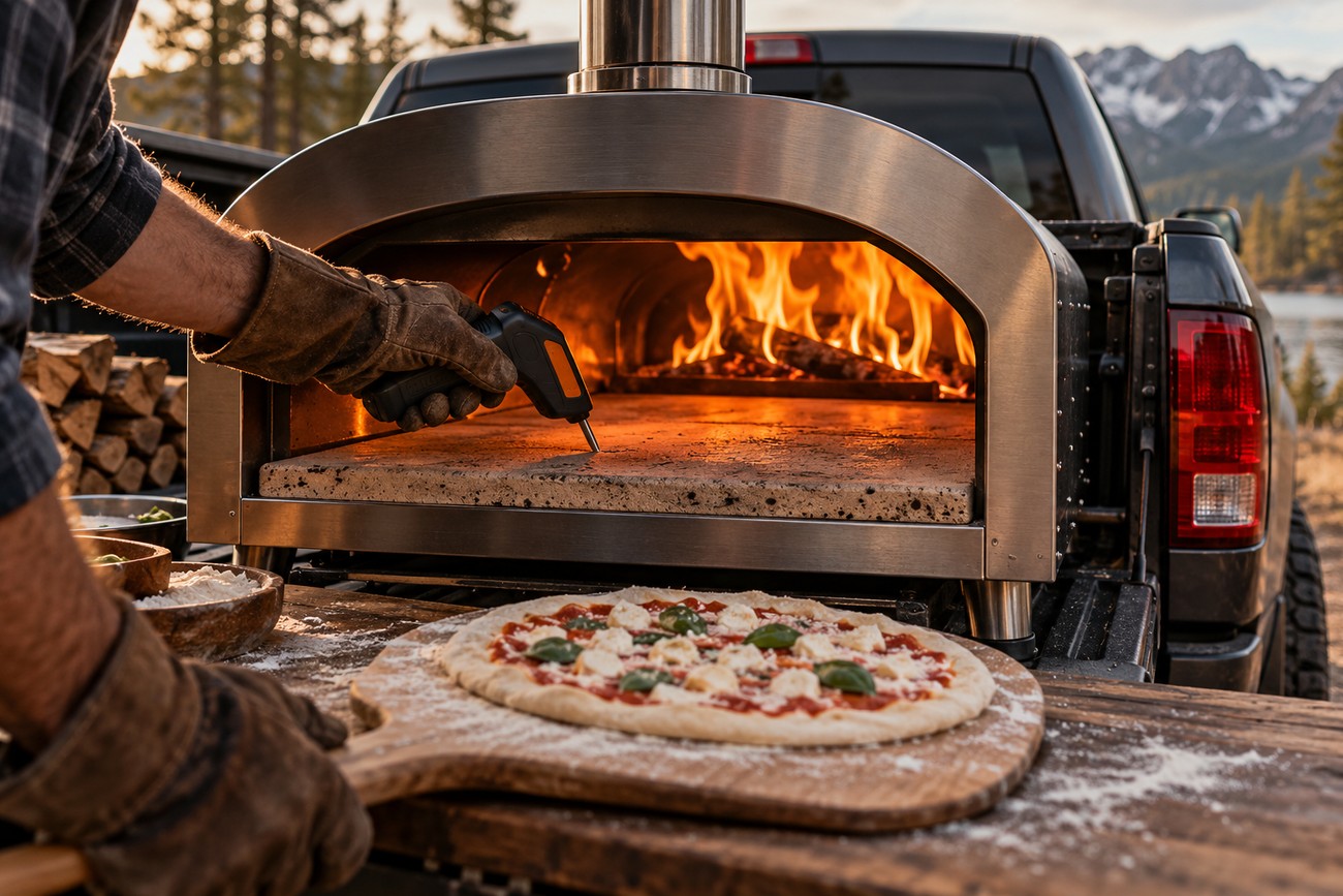 A person in gloves checks the stone temperature with a thermometer inside a stainless steel pizza oven set up in the bed of a Ram 1500 pickup truck next to an unbaked pizza