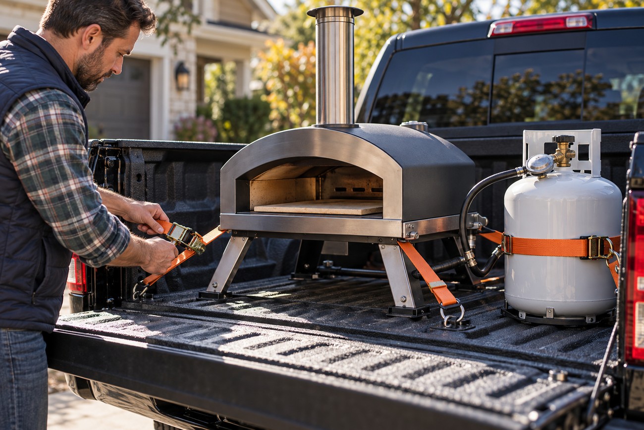 A man securing a portable pizza oven and a propane tank with orange ratchet straps in the bed of a black Ram 1500 pickup truck