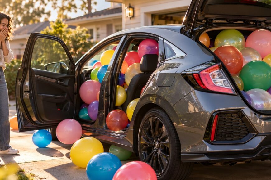 A surprised woman stands by her dark grey Honda Civic completely packed with colorful birthday balloons spilling out of the doors and trunk